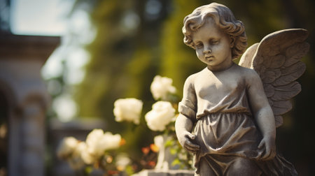 Stone angel with flowers in a cemeteryの写真素材