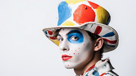 Young guy jester in a hat on a white backgroundの写真素材