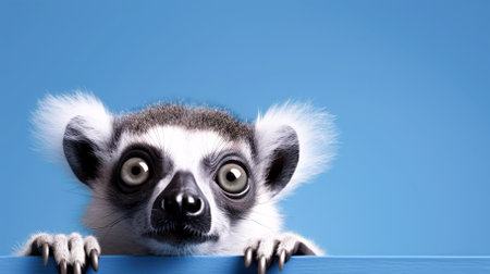 Surprised lemur peeks out on a blue backgroundの写真素材