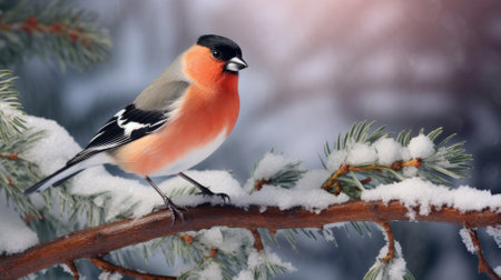 bullfinch on a branch in a snowy forest against the background of Christmas trees. High quality photoの素材