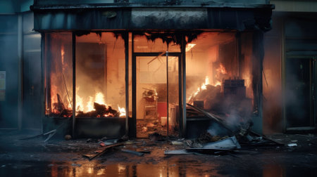 Burnt down cafe on the street as a result of a strong fire. High quality photoの写真素材