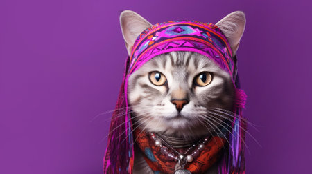 Hippie cat in a headband on a purple background with copyspace