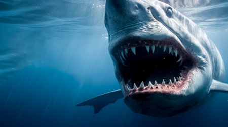 Huge aggressive shark underwater close-upの写真素材