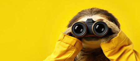 A cheerful sloth looks through binoculars on a yellow background. Banner, copyspace