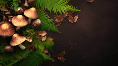 Mushrooms on a dark background with copyspaceの写真素材