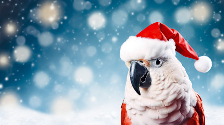 Funny white cockatoo parrot in christmas santa hat on festive backgroundの写真素材