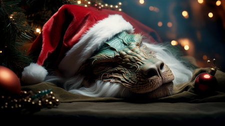 Big green dragon in santa hat resting near christmas backgroundの写真素材