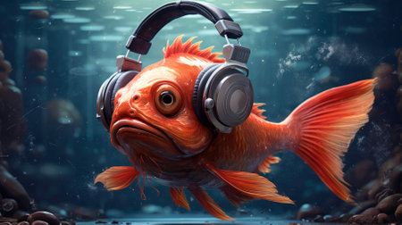 Fish with headphones listening to music close-up in the sea. High quality photoの素材