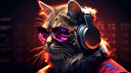 Fashionable cat with headphones in a nightclub with copy spaceの写真素材