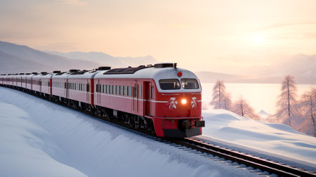 christmas train against the backdrop of a winter landscapeの写真素材