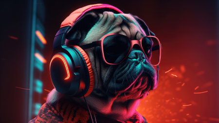 Fashionable dog with headphones in a nightclub with copy spaceの写真素材