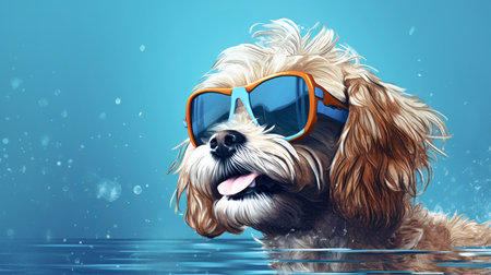 Cheerful dog wearing diving goggles on a blue background with copyspace