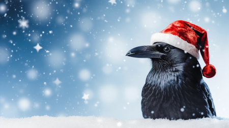 Funny crow in christmas santa hat on festive background