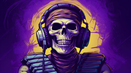 Skeleton in headphones listens to music on a bright purple background. High quality photoの素材