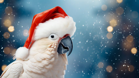 Funny white cockatoo parrot in christmas santa hat on festive backgroundの写真素材
