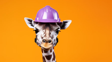 Giraffe builder in a construction helmet on an orange background with copyspace. High quality photoの素材