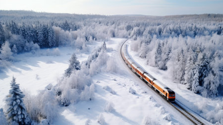 The train travels along the railway in the snowy winter forest. High quality photoの素材