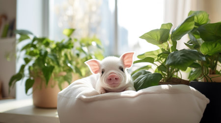 Cute tame mini pig resting in an animal bed. High quality photoの素材