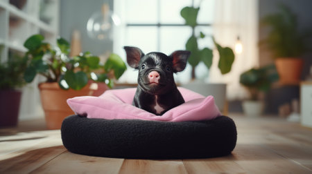 Cute tame mini pig resting in an animal bed. High quality photoの素材