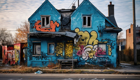 Abandoned two-story house painted with grafitti. High quality photoの素材
