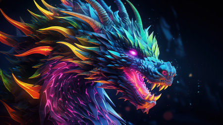 Fiery bright dragon on a dark background. High quality photoの素材