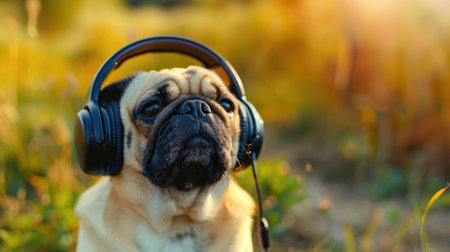 Happy dog in headphones on natural blurred background with space for text. High quality photoの素材