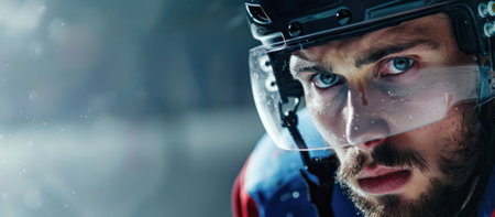 Young male hockey player closeup. High quality photoの素材