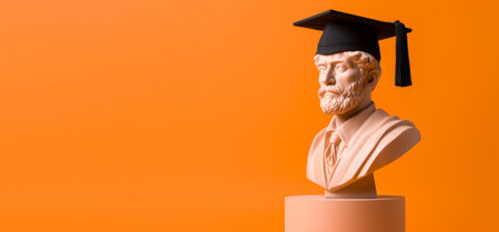 Plaster bust of a man wearing a graduation cap on an orange background. High quality photoの素材