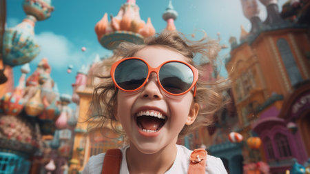 Cheerful curly kid in glasses with balloons against the backdrop of a children's amusement park with copyspace. High quality photoの素材