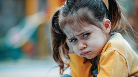 Upset girl in kindergarten closeup with space for text. High quality photoの素材