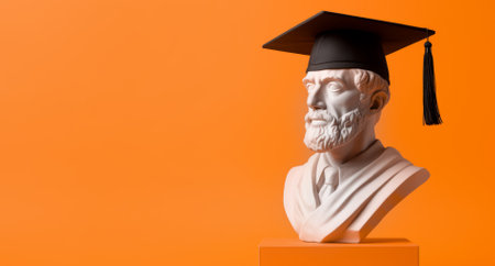 Plaster bust of a man wearing a graduation cap on an orange background. High quality photoの素材