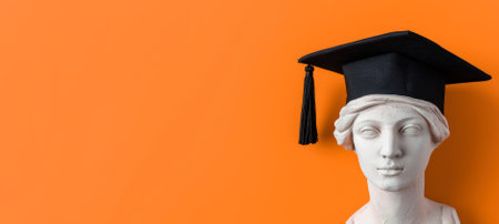 Plaster bust of a female wearing a graduation cap on an orange background. High quality photoの素材