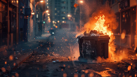 A garbage container with garbage is on fire on a street in the city. High quality photoの素材