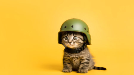 Close-up of a cat in a military helmet on a yellow background. High quality photoの素材