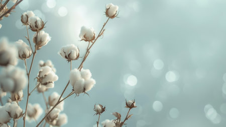 Branches of cotton flowers on a light background with copyspace. High quality photoの素材