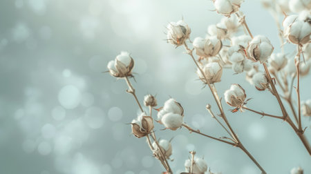 Branches of cotton flowers on a light background with copyspace. High quality photoの素材