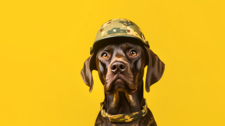 Close-up of a dog in a military helmet on a yellow background. High quality photoの素材
