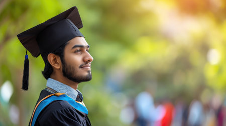 Young Indian guy wearing a graduate cap on a blurred background with space for text. High quality photoの素材