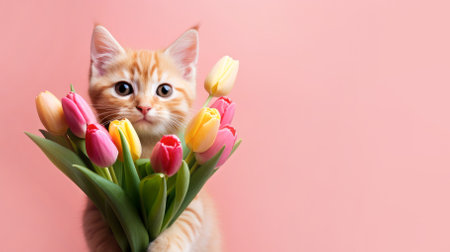 Cute kitten holding a bouquet of flowers on a pink background. High quality photoの素材