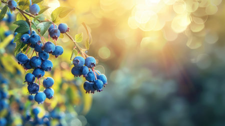 Branch of ripe blueberries close up with space for text on a sunny day. High quality photoの素材