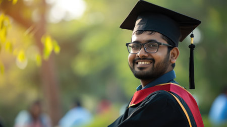Young Indian guy wearing a graduate cap on a blurred background with space for text. High quality photoの素材