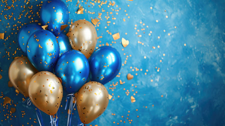Birthday card with balloons on blue background with space for text. High quality photoの素材