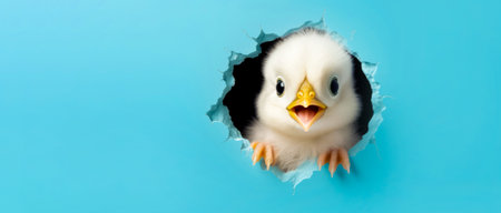 A surprised chick peeks out on a blue background. Banner, copy space. High quality photoの素材