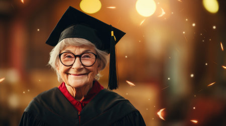 Elderly woman wearing graduate cap on blurred background with space for text. High quality photoの素材