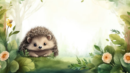 A cute hedgehog sits in spring leaves against the backdrop of green forest. High quality photoの素材
