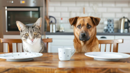A cat and a dog are sitting together at the table waiting for food. High quality photoの素材