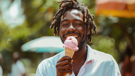 Dark skinned happy young man eating ice cream with copyspace. High quality photoの素材