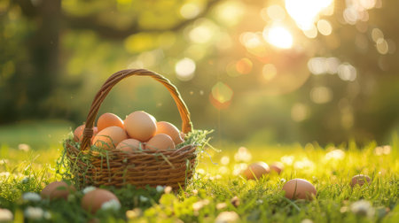 Basket with eggs on the lawn with copyspace. High quality photoの素材