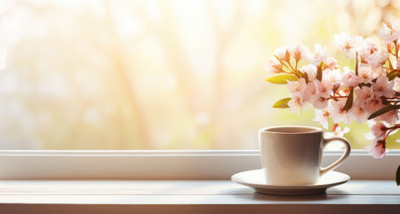 White cup with fragrant coffee by the window on an spring day. High quality photoの素材
