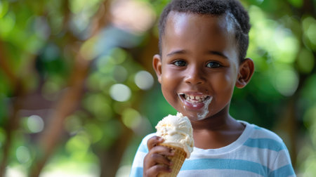 Cheerful dark-skinned boy eating ice cream against a background of a blurry park with space for text. High quality photoの素材